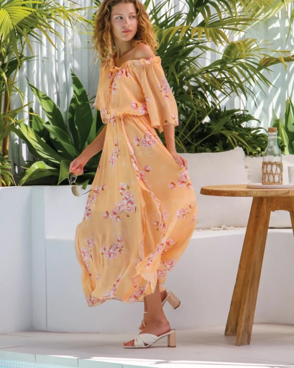 Belle & Bloom Maxi Dresses | Maxi Dresses>Amour Amour Ruffled Midi Dress - Peach Peonies