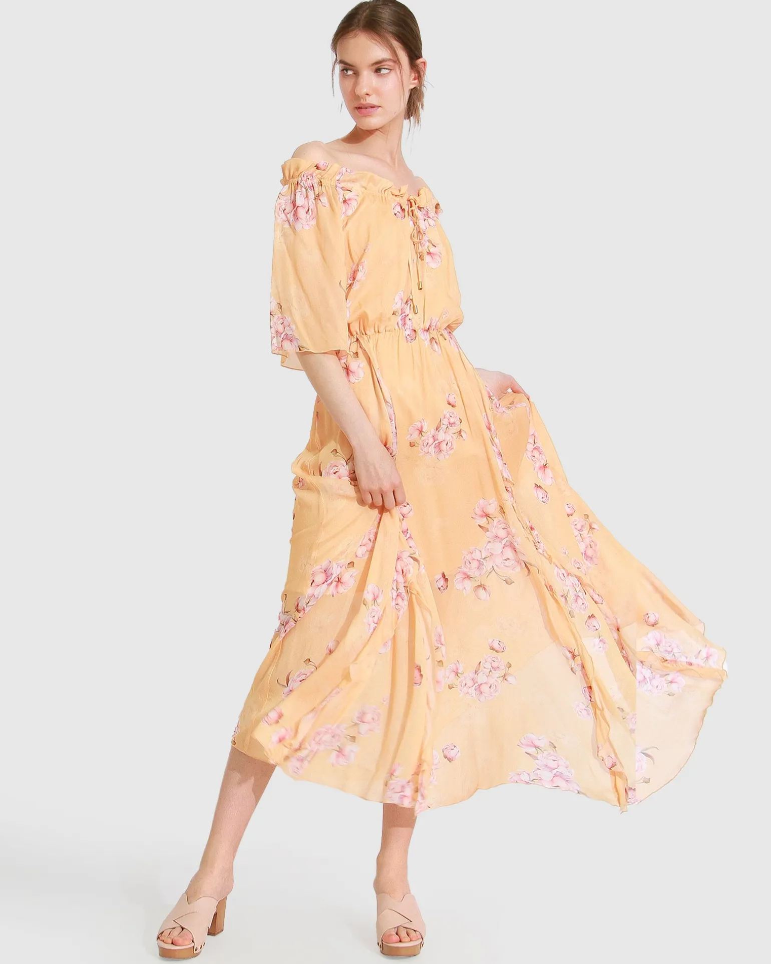 Belle & Bloom Maxi Dresses | Maxi Dresses>Amour Amour Ruffled Midi Dress - Peach Peonies