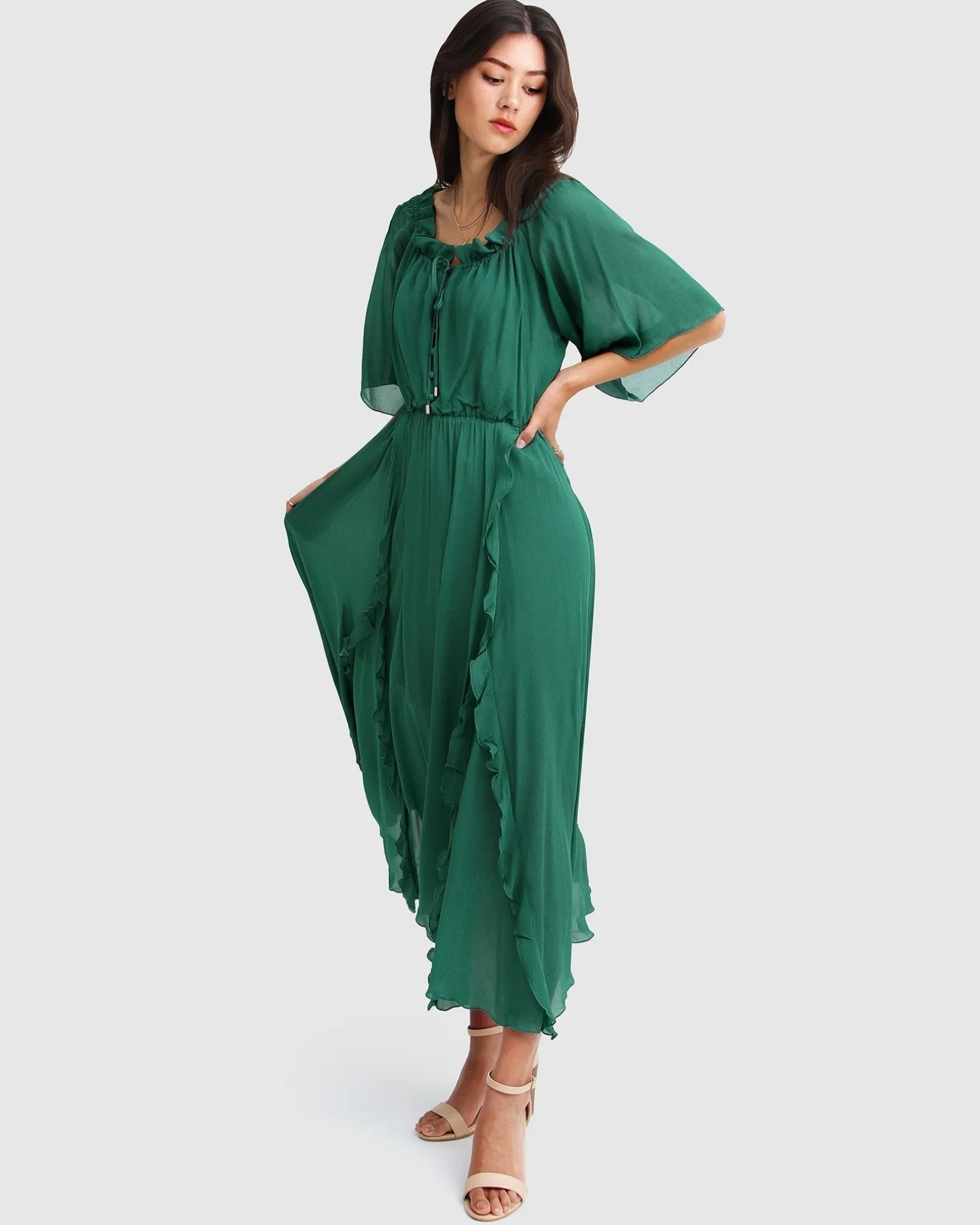 Belle & Bloom Maxi Dresses | Maxi Dresses>Amour Amour Ruffled Midi Dress - Dark Green