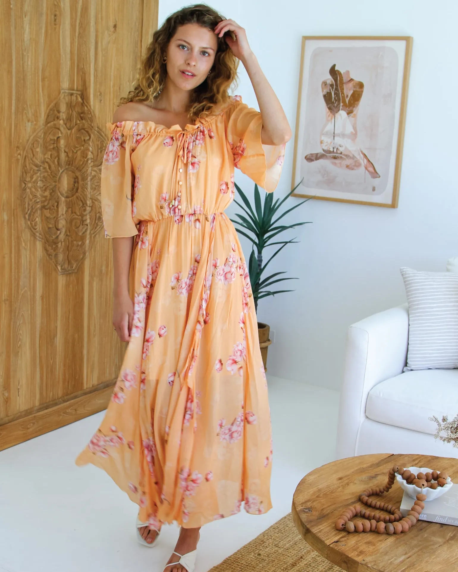 Belle & Bloom Maxi Dresses | Maxi Dresses>Amour Amour Ruffled Midi Dress - Peach Peonies