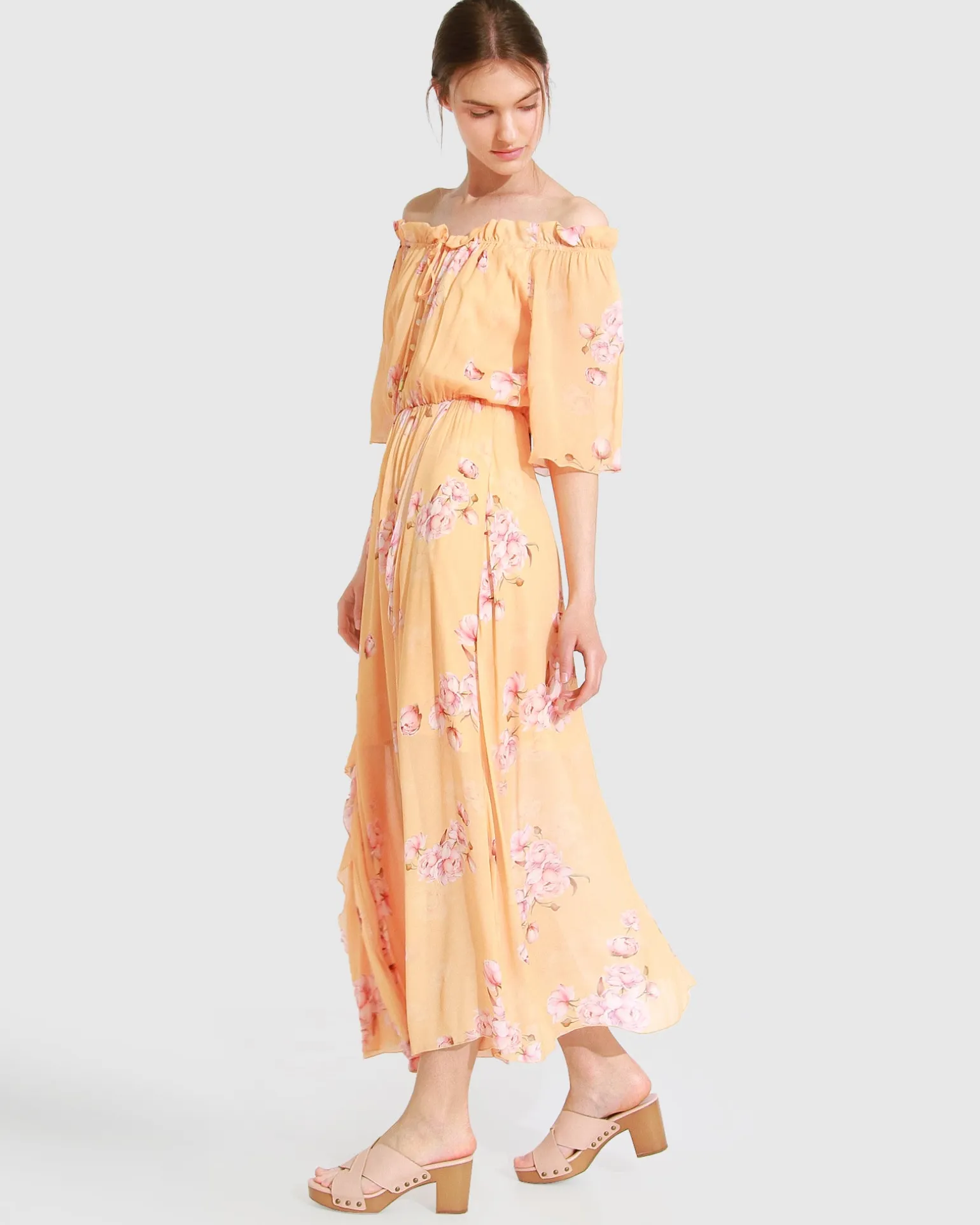 Belle & Bloom Maxi Dresses | Maxi Dresses>Amour Amour Ruffled Midi Dress - Peach Peonies
