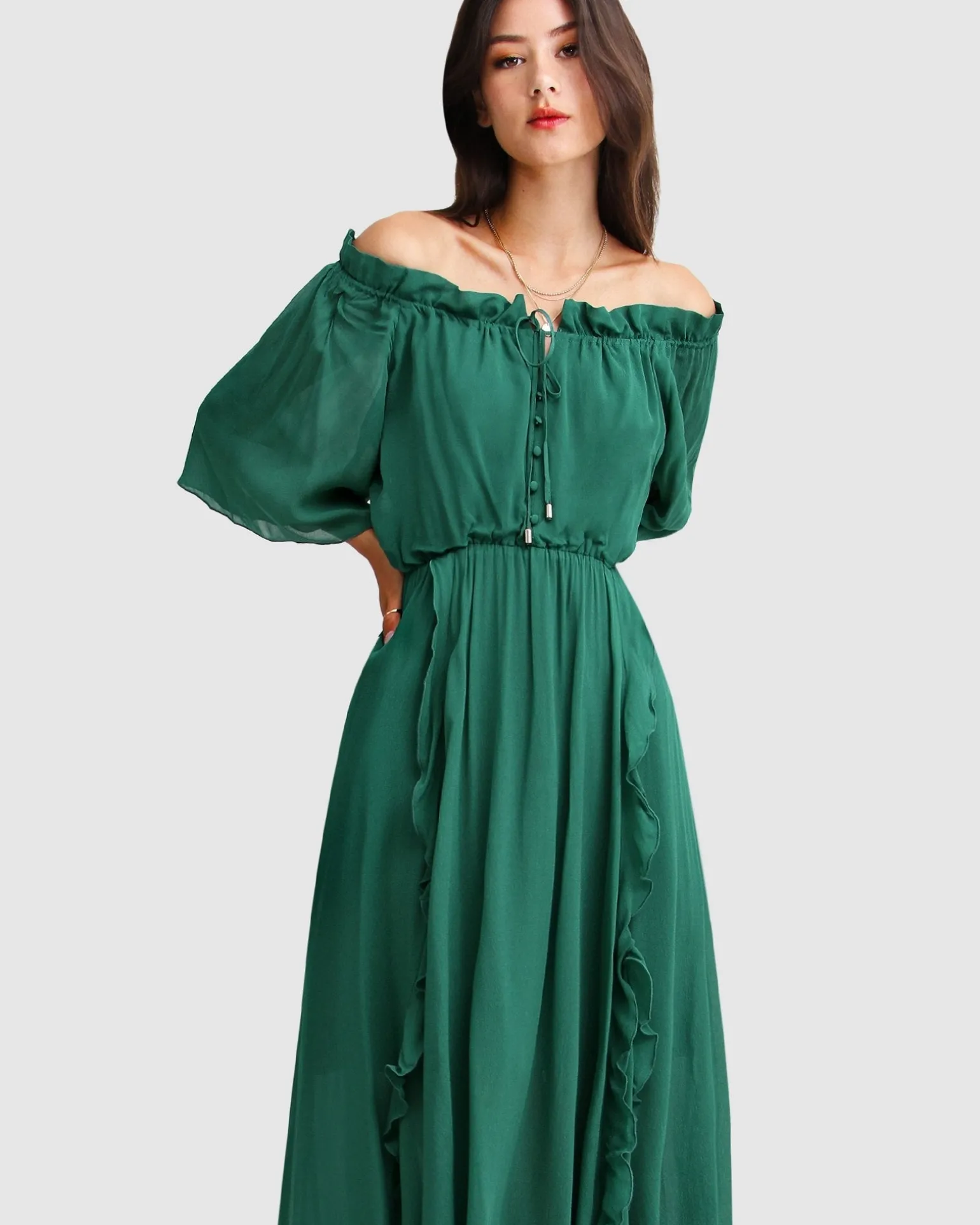 Belle & Bloom Maxi Dresses | Maxi Dresses>Amour Amour Ruffled Midi Dress - Dark Green