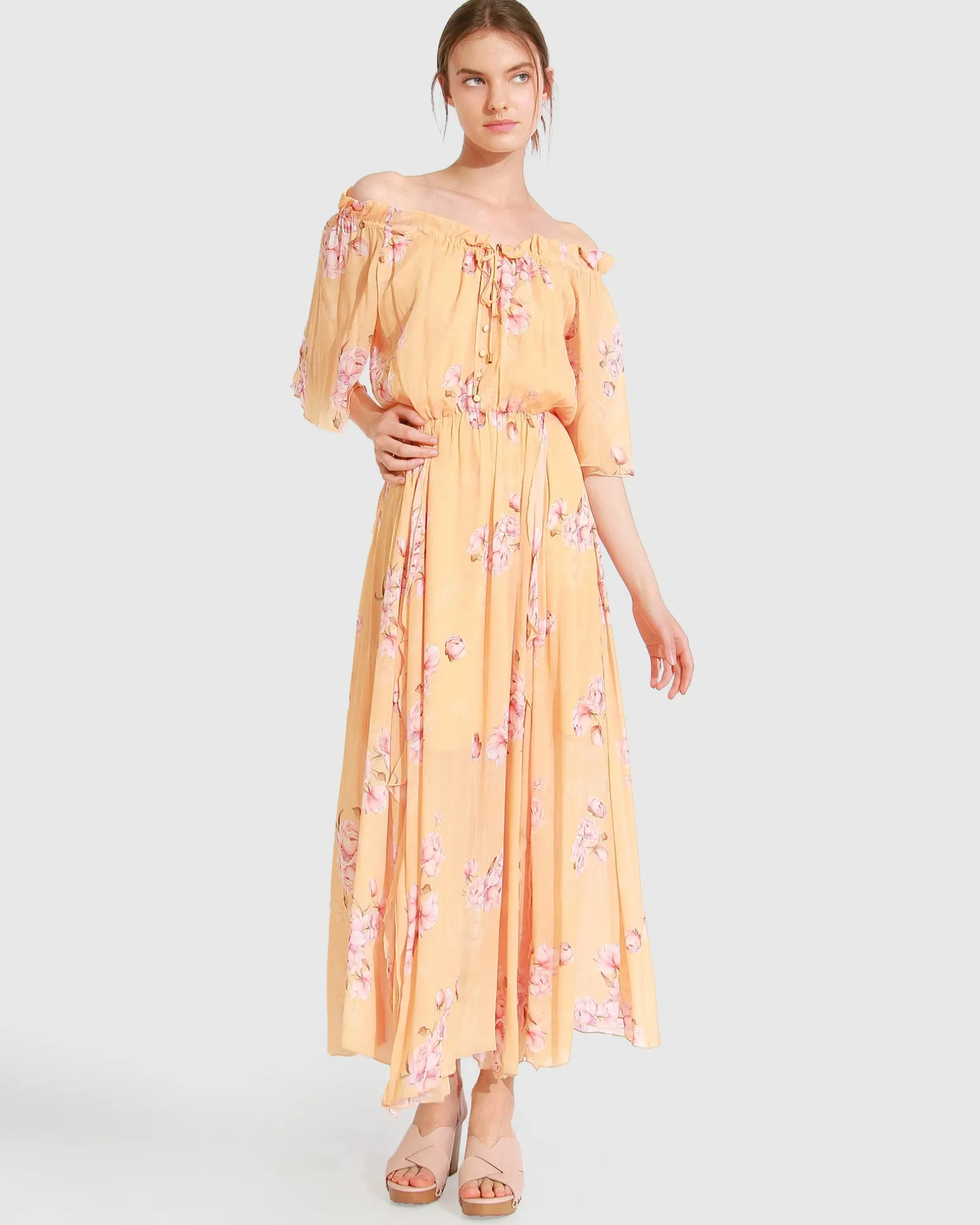 Belle & Bloom Maxi Dresses | Maxi Dresses>Amour Amour Ruffled Midi Dress - Peach Peonies