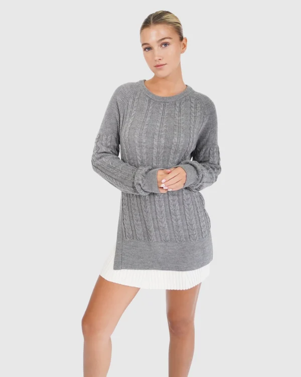 Belle & Bloom Sweaters | Sweaters>At Last Cable Knit Jumper with Slit - Grey Marle