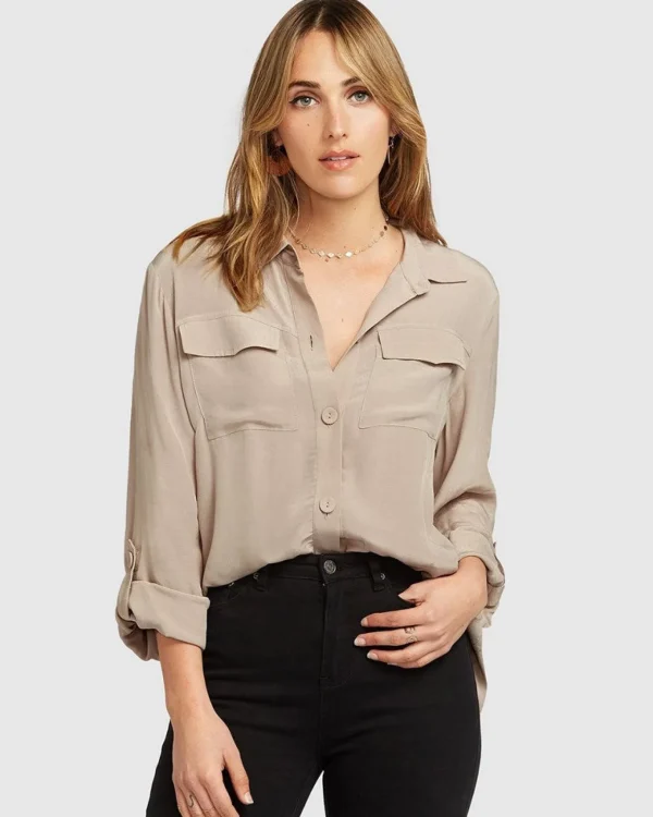 Belle & Bloom Shirts & Blouses>Eclipse Rolled Sleeve Blouse - Sand FINAL SALE