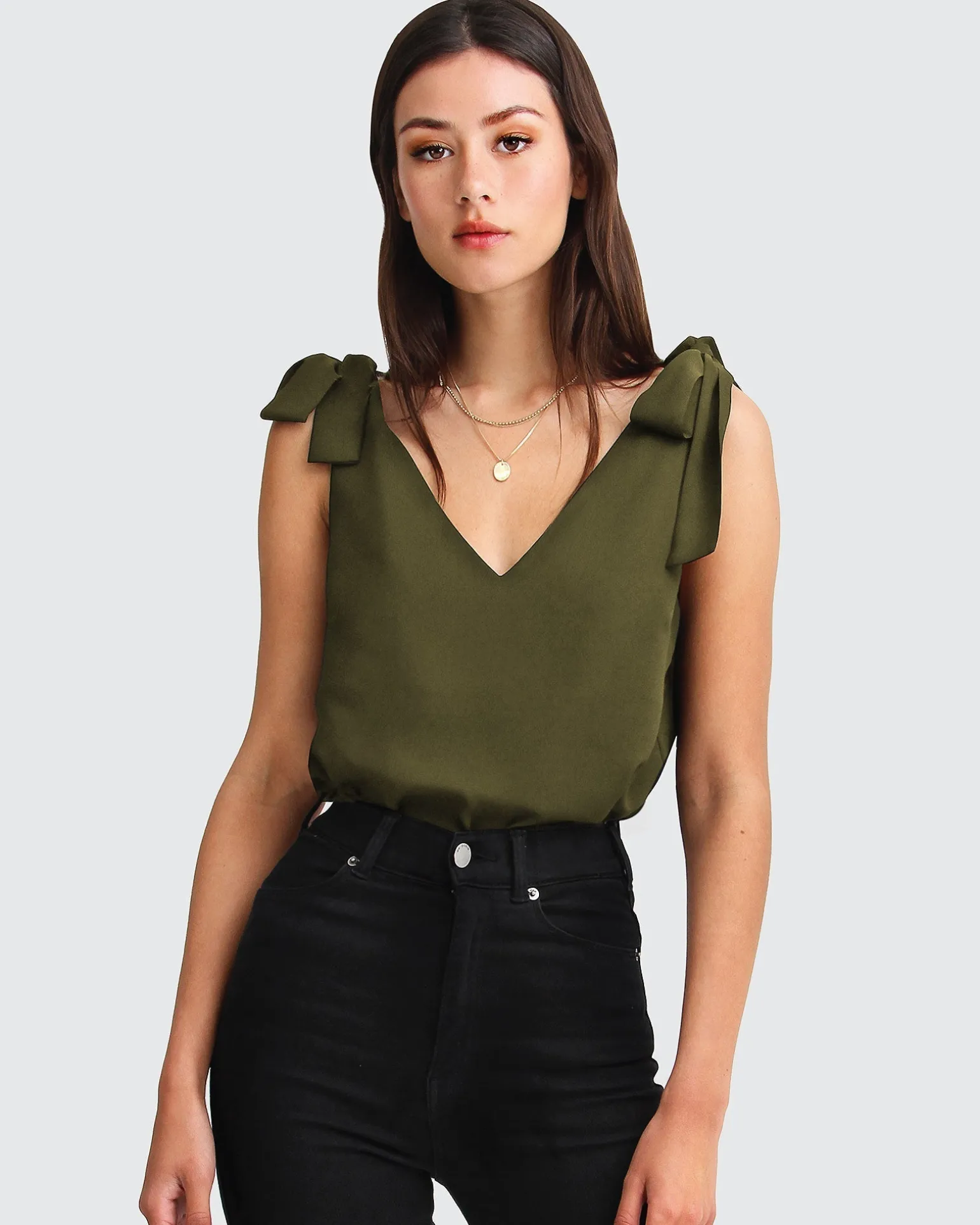 Belle & Bloom Shirts & Blouses>Feel For You V-Neck Top - Military