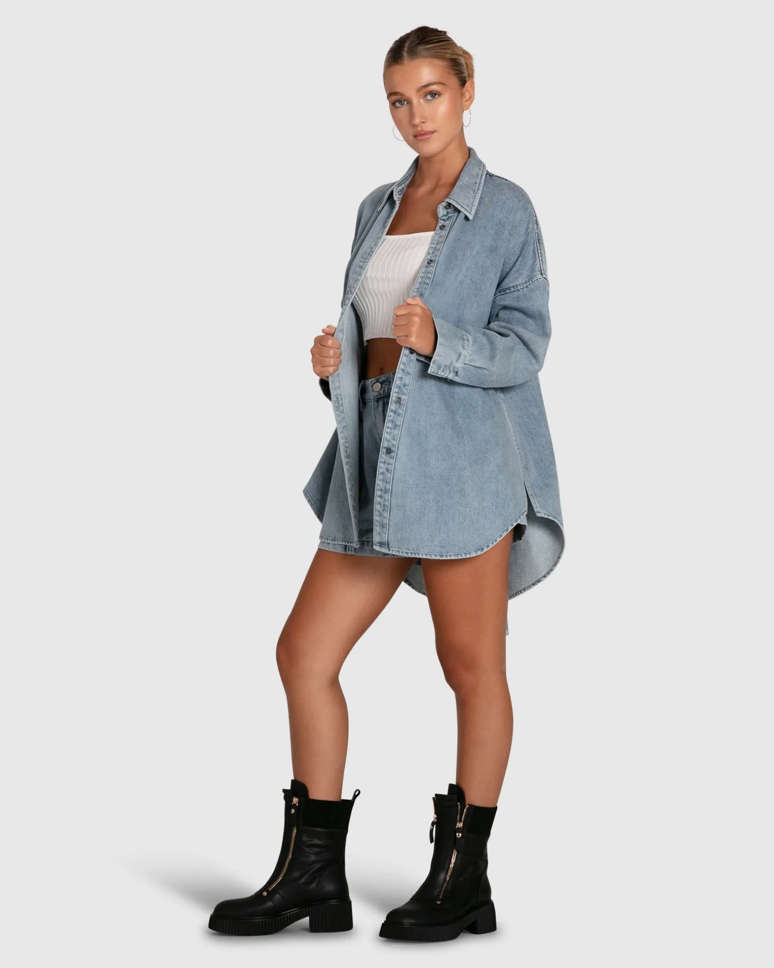 Belle & Bloom Shirts & Blouses>Into Him Oversized Denim Shirt -