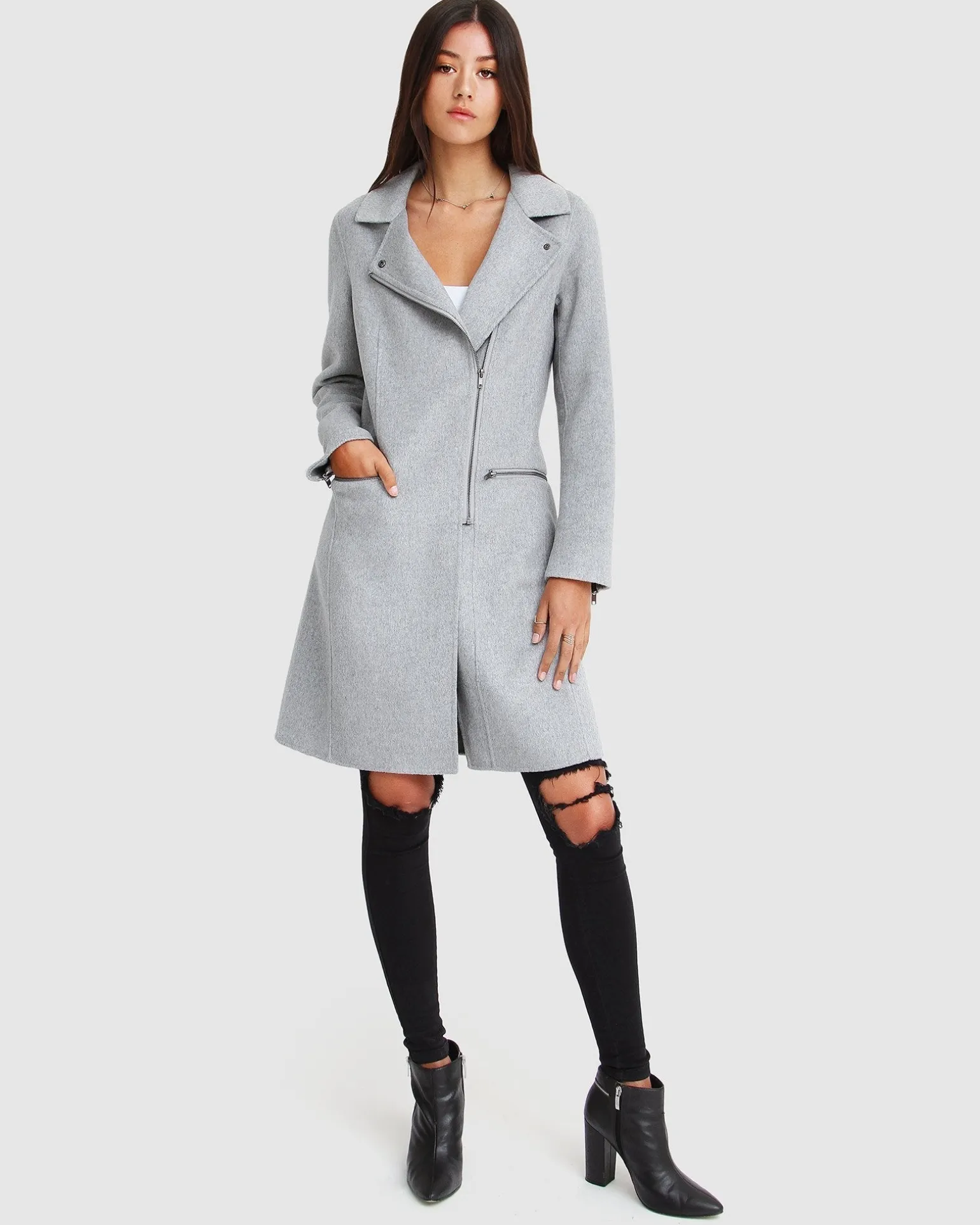 Belle & Bloom Wool Coats | Wool Coats>NEW FIT Last Chance Wool Blend Moto Coat - Grey Marle