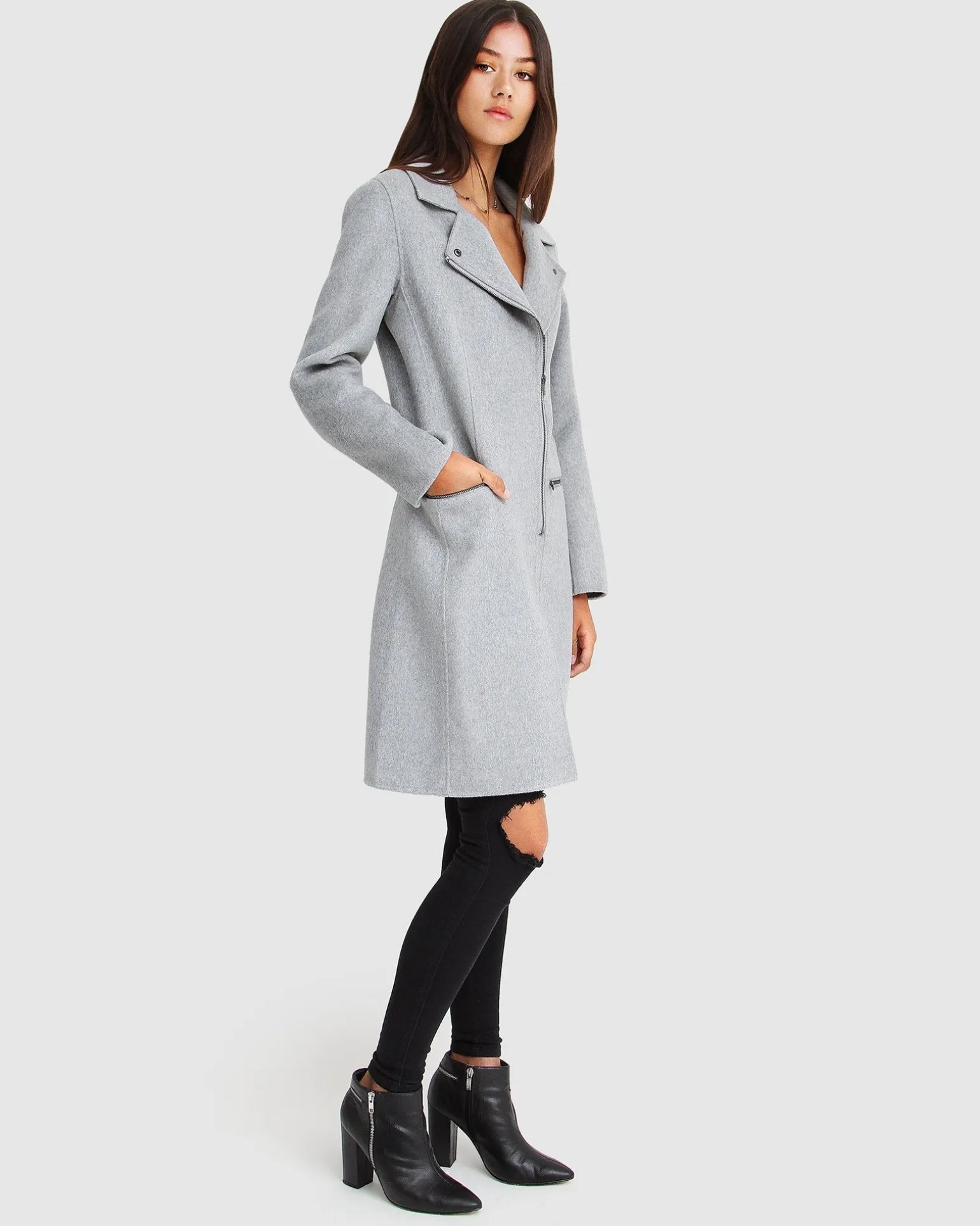 Belle & Bloom Wool Coats | Wool Coats>NEW FIT Last Chance Wool Blend Moto Coat - Grey Marle