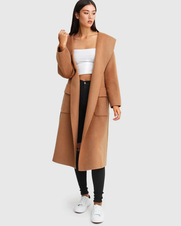 Belle & Bloom Belted Coats | Wool Coats>Runaway Wool Blend Robe Coat - Dark Camel