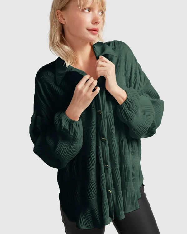 Belle & Bloom Shirts & Blouses>Serenade Velvet Plisse Shirt - Dark Teal