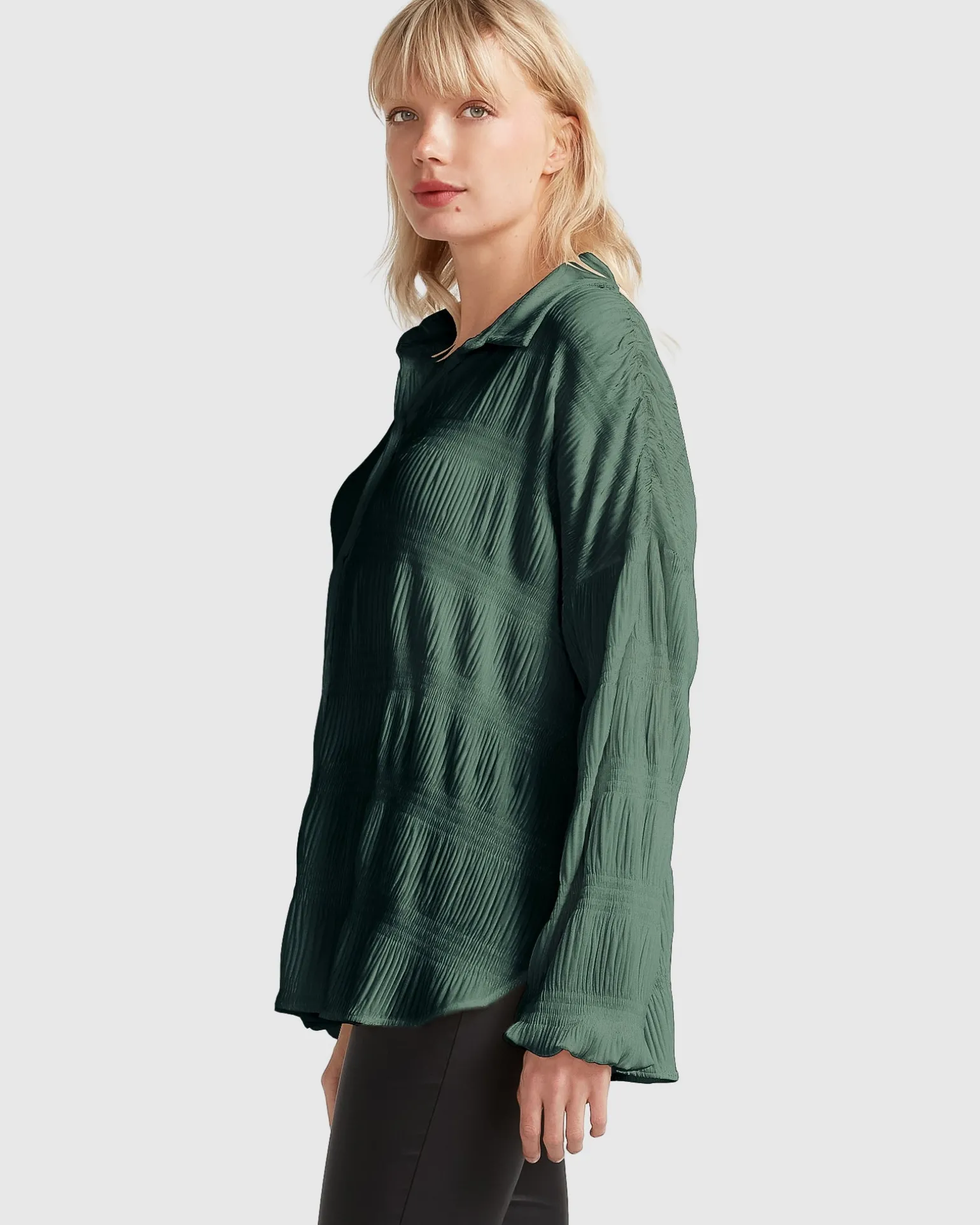 Belle & Bloom Shirts & Blouses>Serenade Velvet Plisse Shirt - Dark Teal