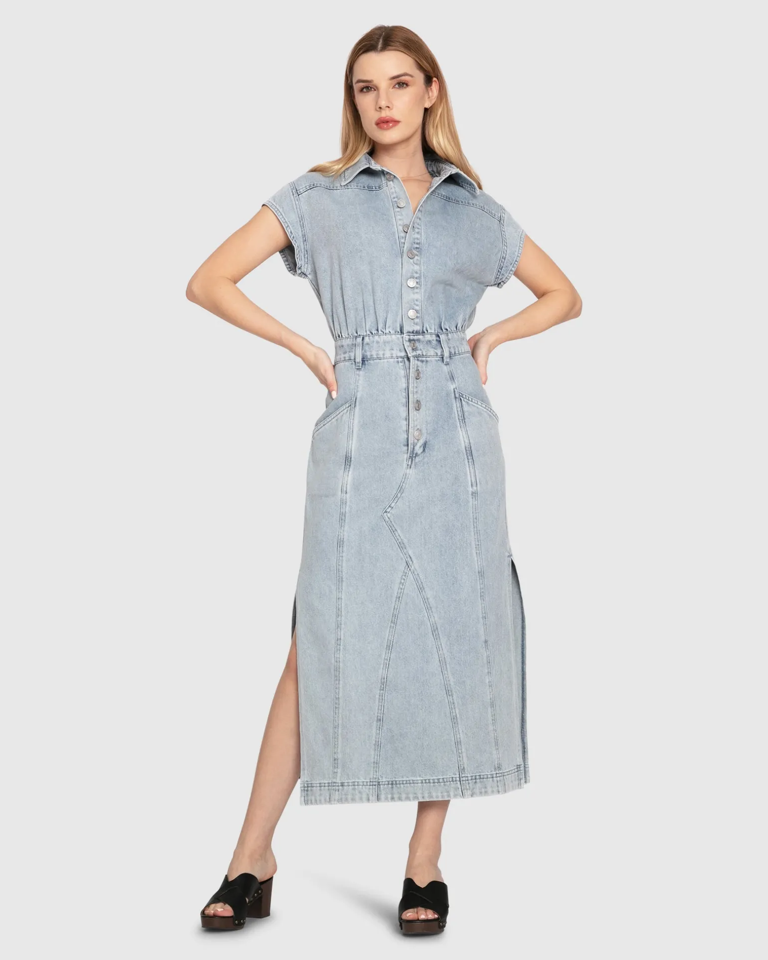 Belle & Bloom Midi Dresses | Midi Dresses>Sundown Denim Midi Shirt Dress