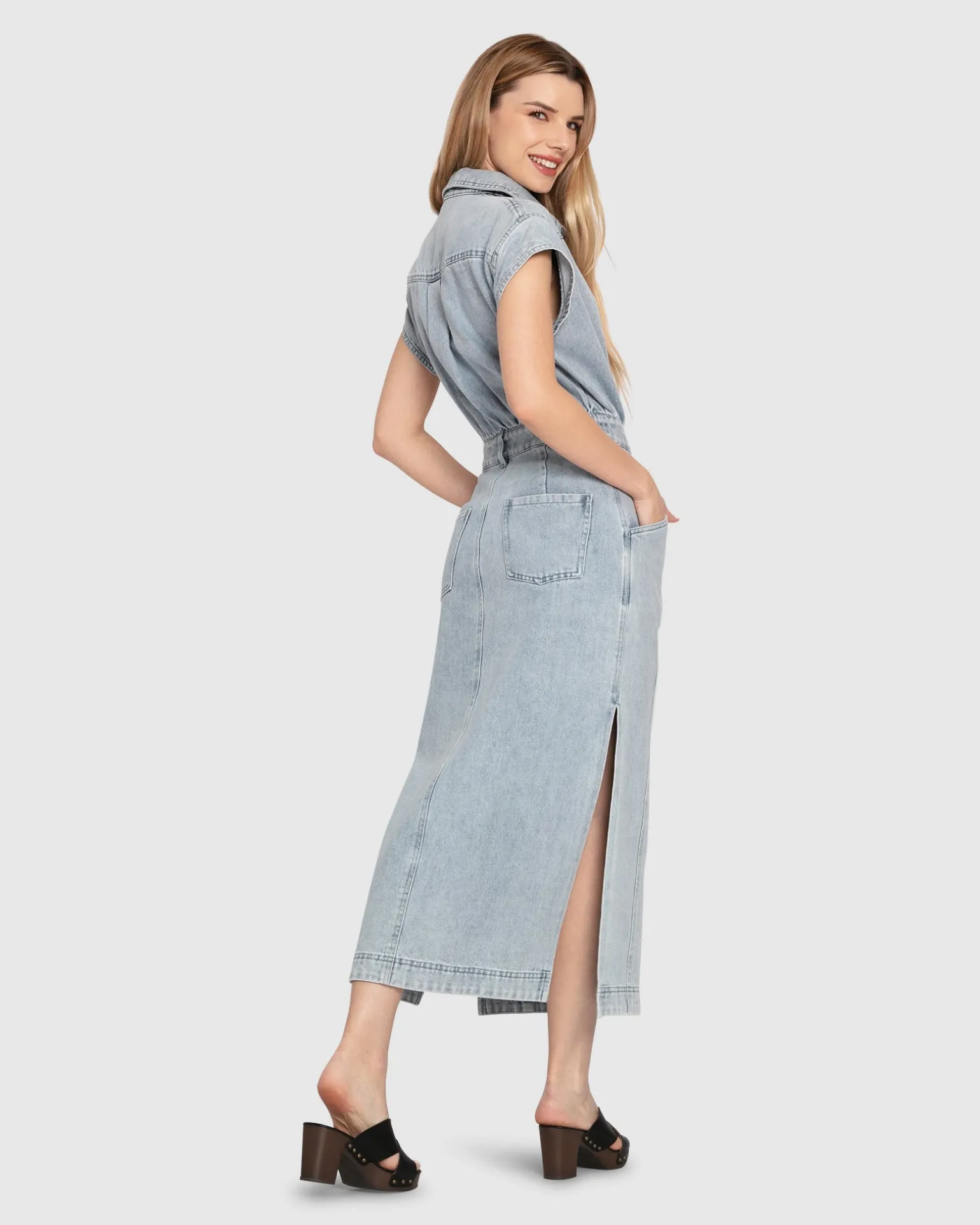 Belle & Bloom Midi Dresses | Midi Dresses>Sundown Denim Midi Shirt Dress