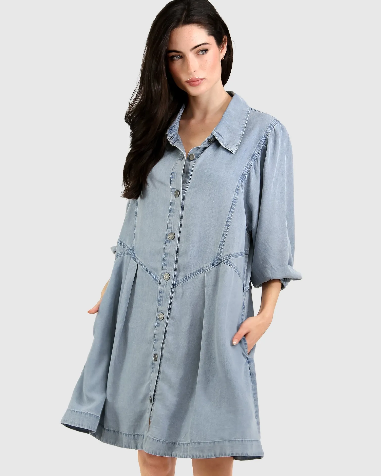 Belle & Bloom Mini Dresses | Mini Dresses>Supercut Denim Dress - Mid Denim