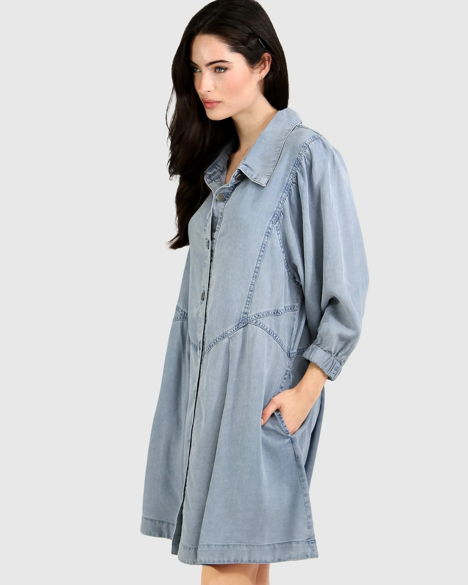 Belle & Bloom Mini Dresses | Mini Dresses>Supercut Denim Dress - Mid Denim