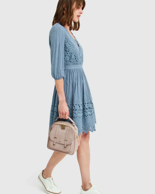 Belle & Bloom Mini Dresses | Mini Dresses>Sweet Talk Eyelet Mini Dress - Dusty Blue