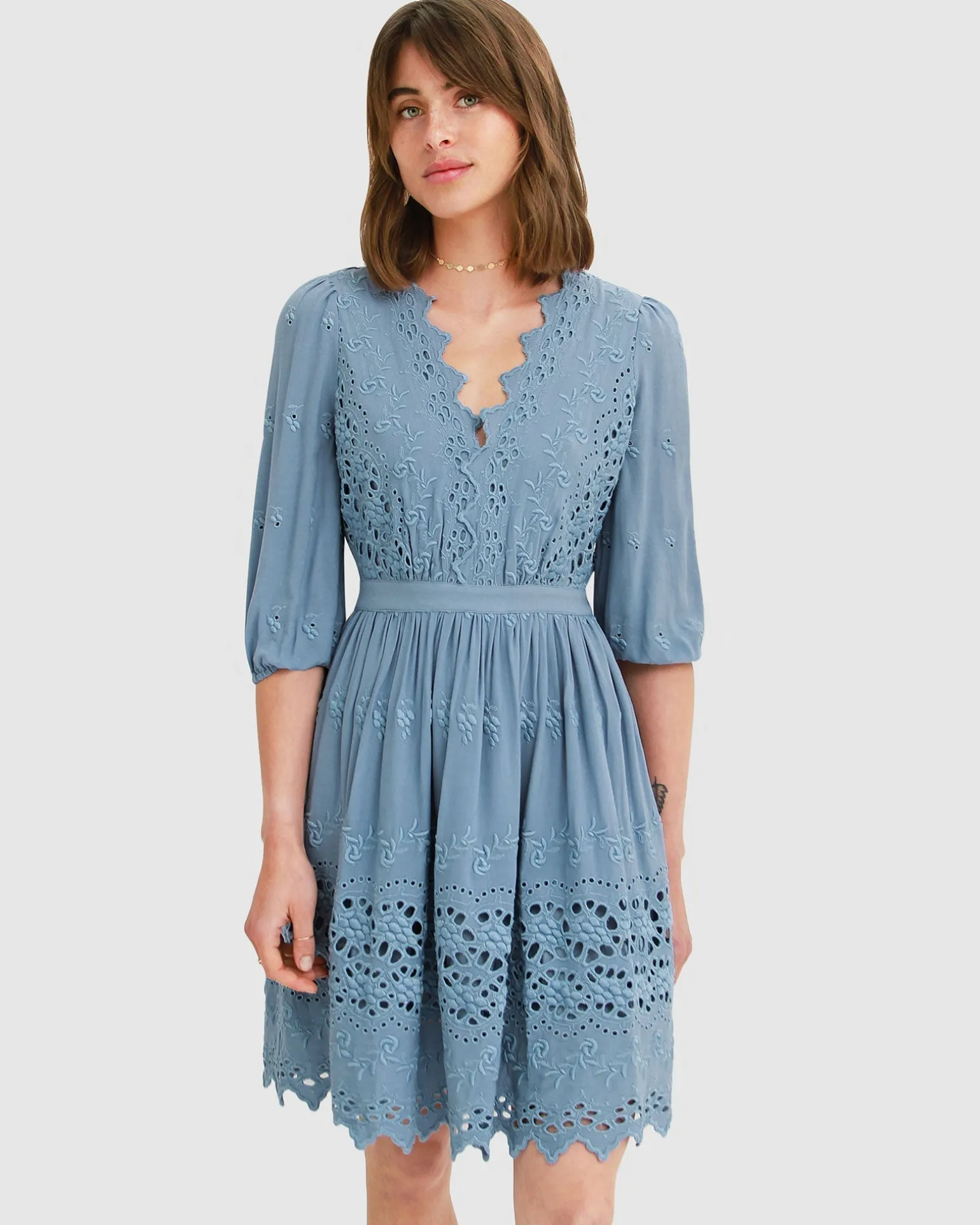 Belle & Bloom Mini Dresses | Mini Dresses>Sweet Talk Eyelet Mini Dress - Dusty Blue
