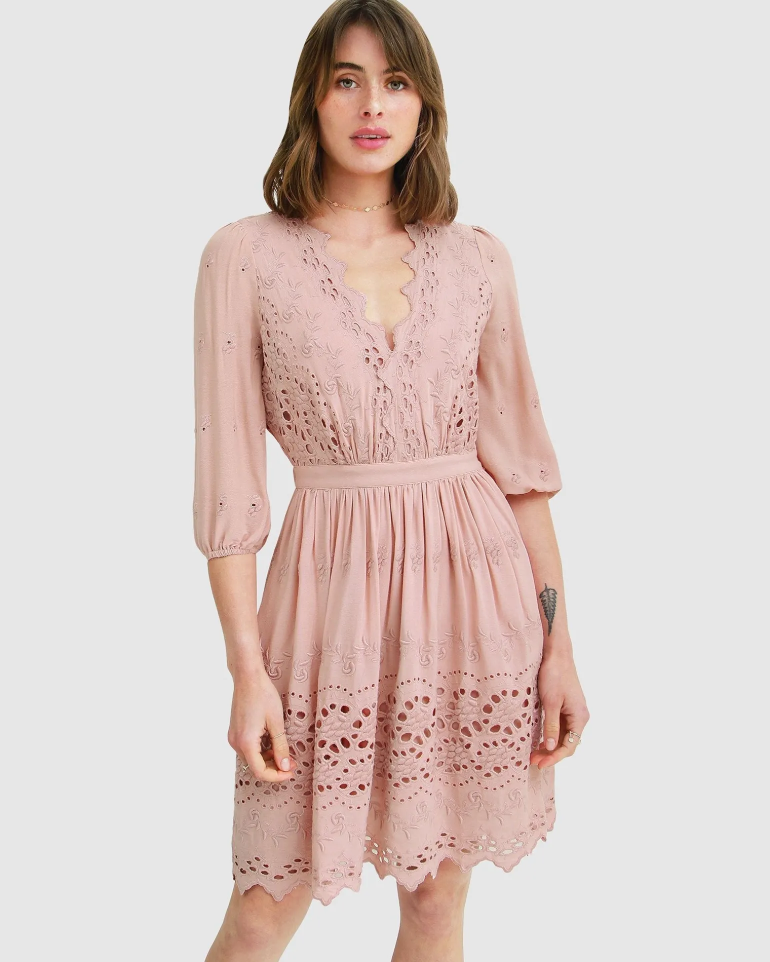 Belle & Bloom Mini Dresses | Mini Dresses>Sweet Talk Eyelet Mini Dress - Dusty Rose