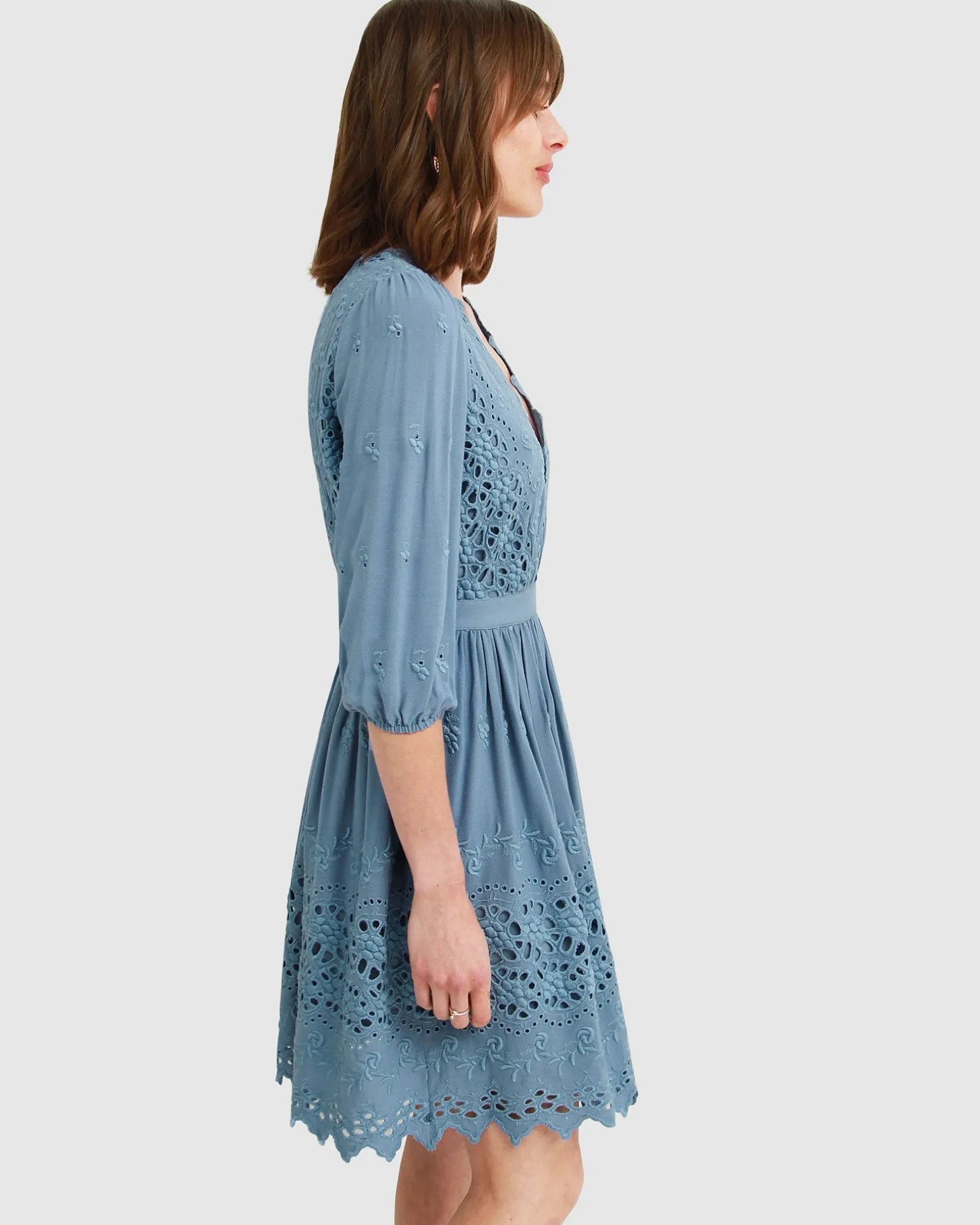 Belle & Bloom Mini Dresses | Mini Dresses>Sweet Talk Eyelet Mini Dress - Dusty Blue