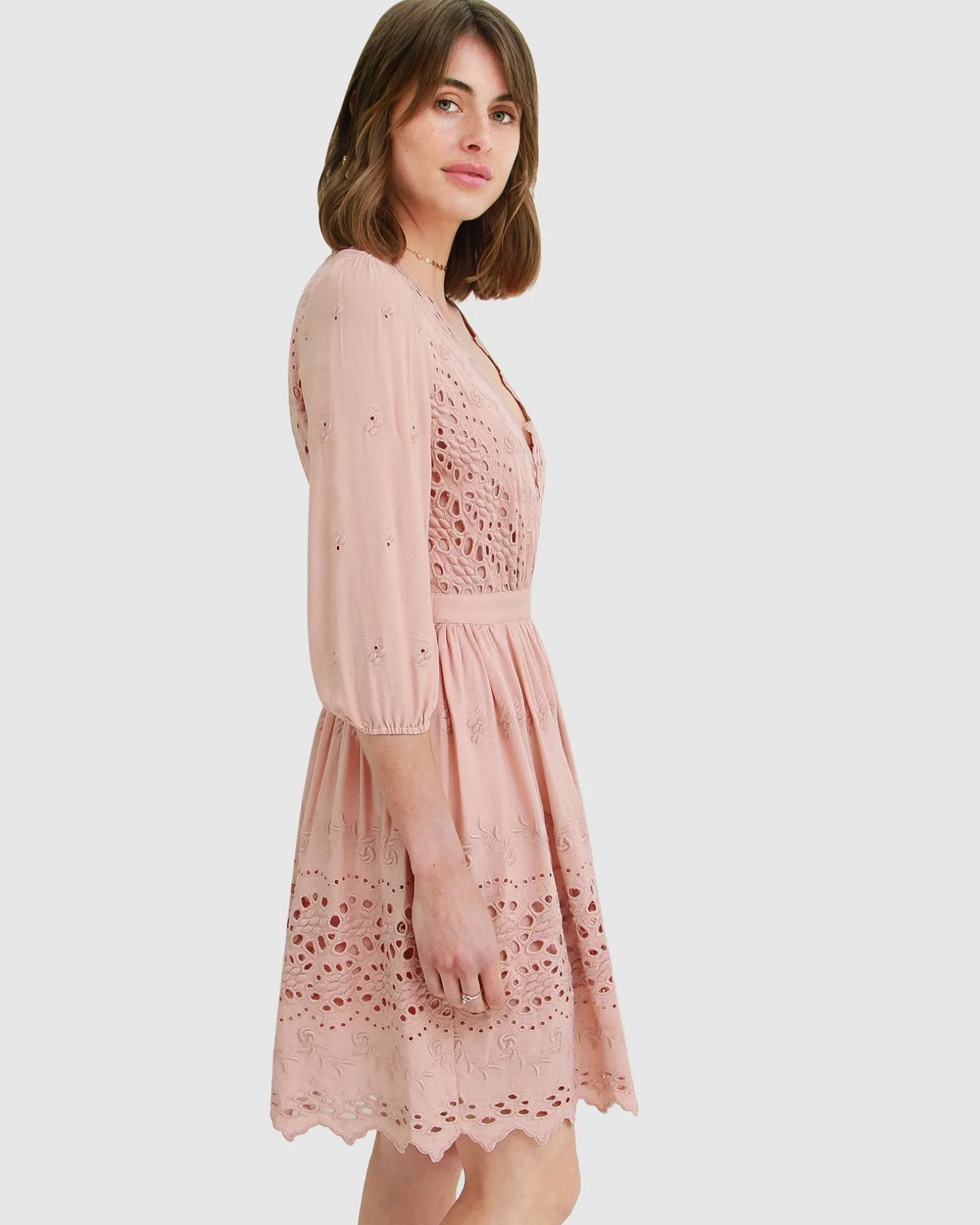 Belle & Bloom Mini Dresses | Mini Dresses>Sweet Talk Eyelet Mini Dress - Dusty Rose