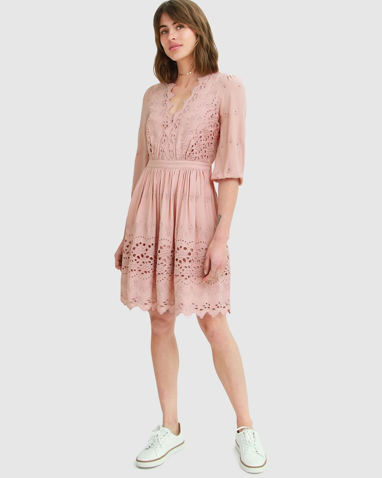 Belle & Bloom Mini Dresses | Mini Dresses>Sweet Talk Eyelet Mini Dress - Dusty Rose