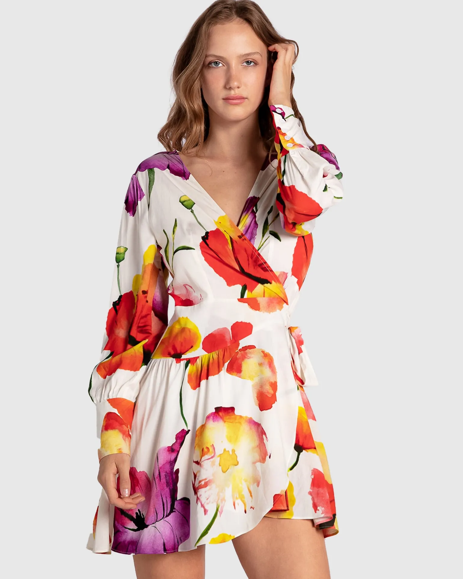 Belle & Bloom Mini Dresses | Mini Dresses>The Dancer Longsleeve Mini Wrap Dress - Wild Poppies