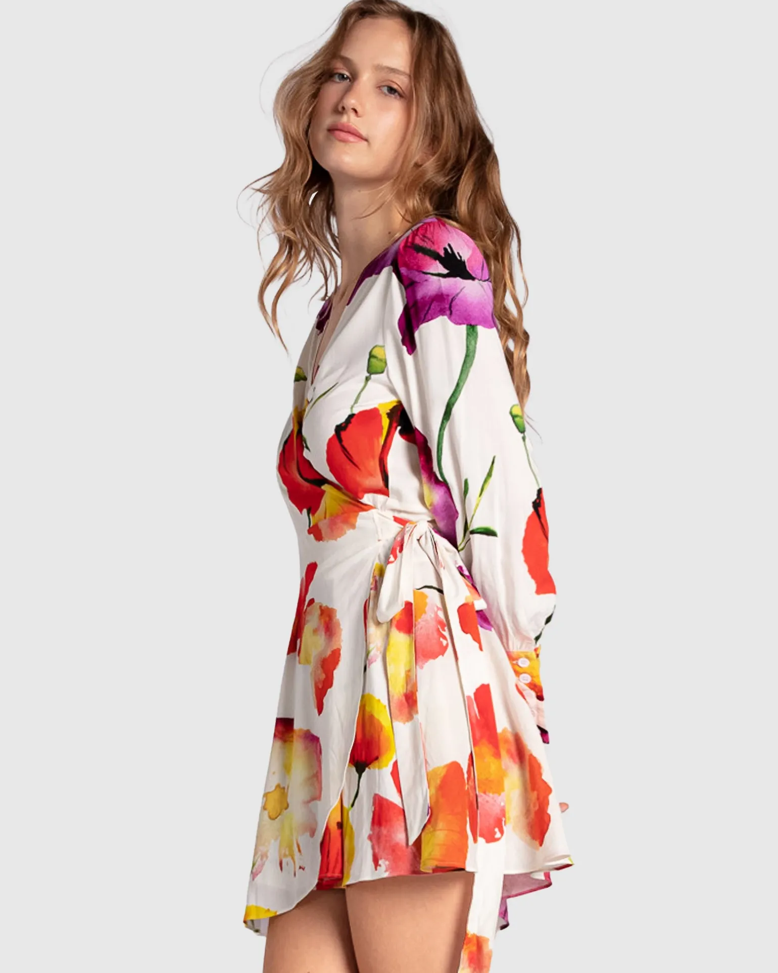 Belle & Bloom Mini Dresses | Mini Dresses>The Dancer Longsleeve Mini Wrap Dress - Wild Poppies