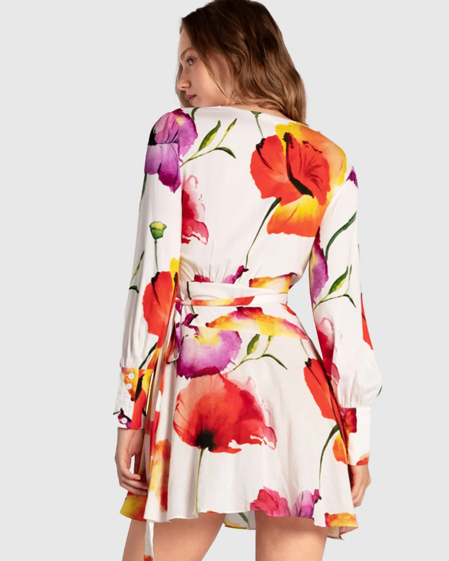 Belle & Bloom Mini Dresses | Mini Dresses>The Dancer Longsleeve Mini Wrap Dress - Wild Poppies