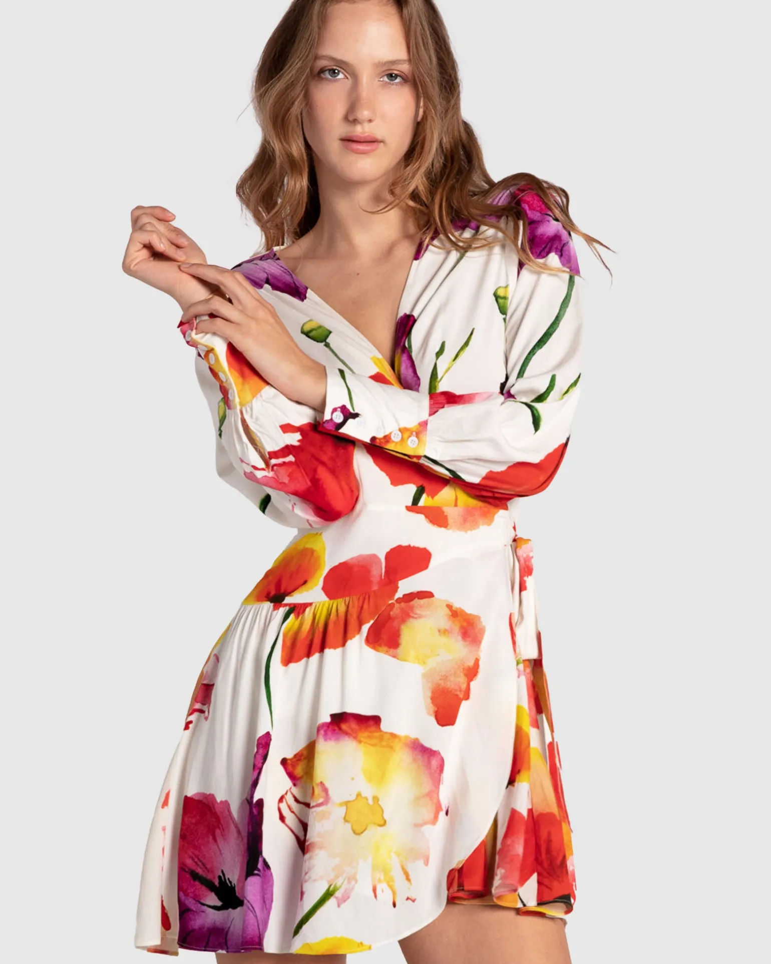 Belle & Bloom Mini Dresses | Mini Dresses>The Dancer Longsleeve Mini Wrap Dress - Wild Poppies