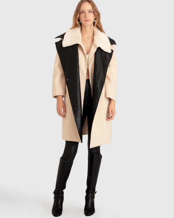 Belle & Bloom Premium Coats | Wool Coats>Watch Me Go Oversized Leather Trimmed Coat - Pale Oat