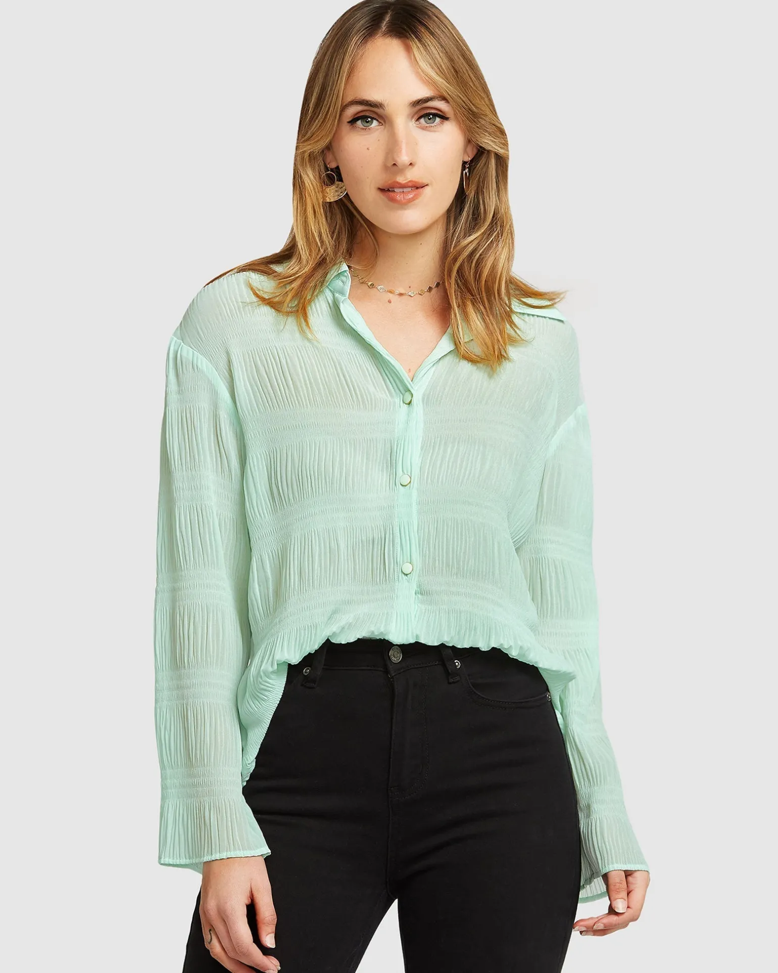 Belle & Bloom Shirts & Blouses>Yoko Shirred Chiffon Blouse - Mint FINAL SALE