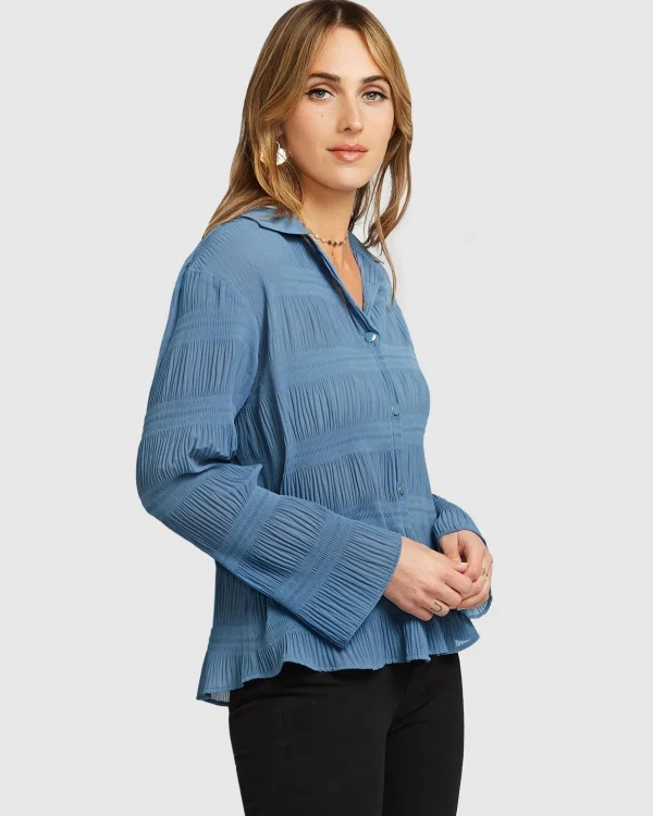 Belle & Bloom Shirts & Blouses>Yoko Shirred Chiffon Blouse - Dusty Blue FINAL SALE