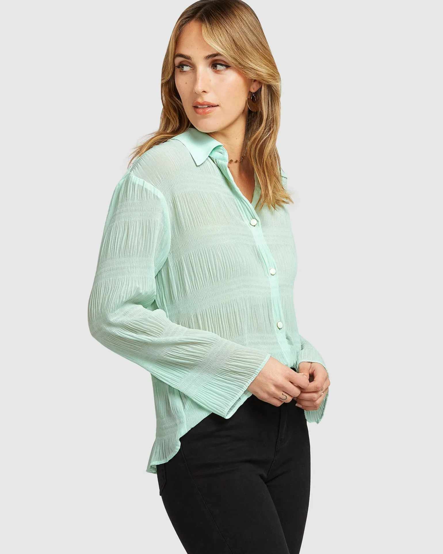 Belle & Bloom Shirts & Blouses>Yoko Shirred Chiffon Blouse - Mint FINAL SALE