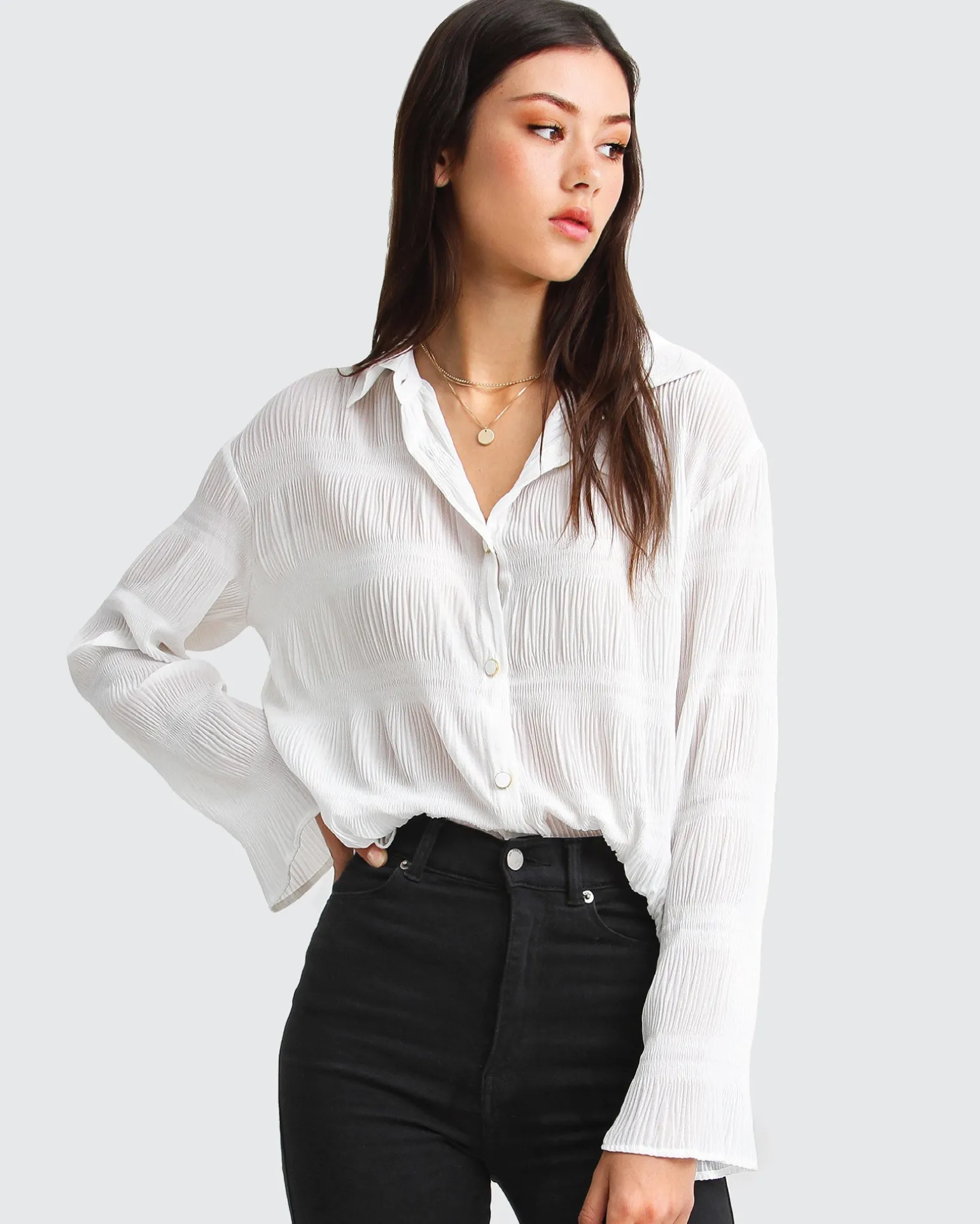 Belle & Bloom Shirts & Blouses>Yoko Shirred Chiffon Blouse -