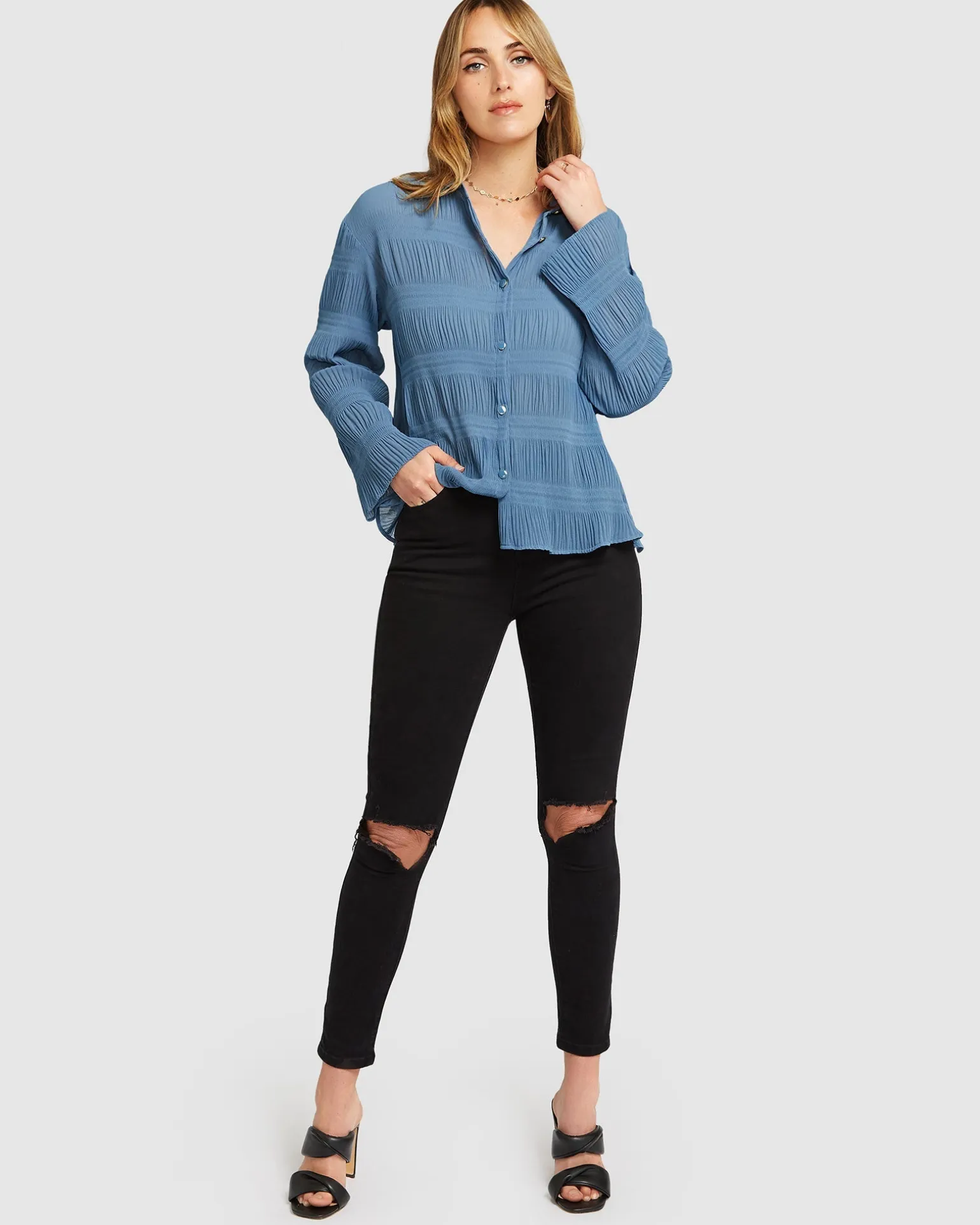 Belle & Bloom Shirts & Blouses>Yoko Shirred Chiffon Blouse - Dusty Blue FINAL SALE