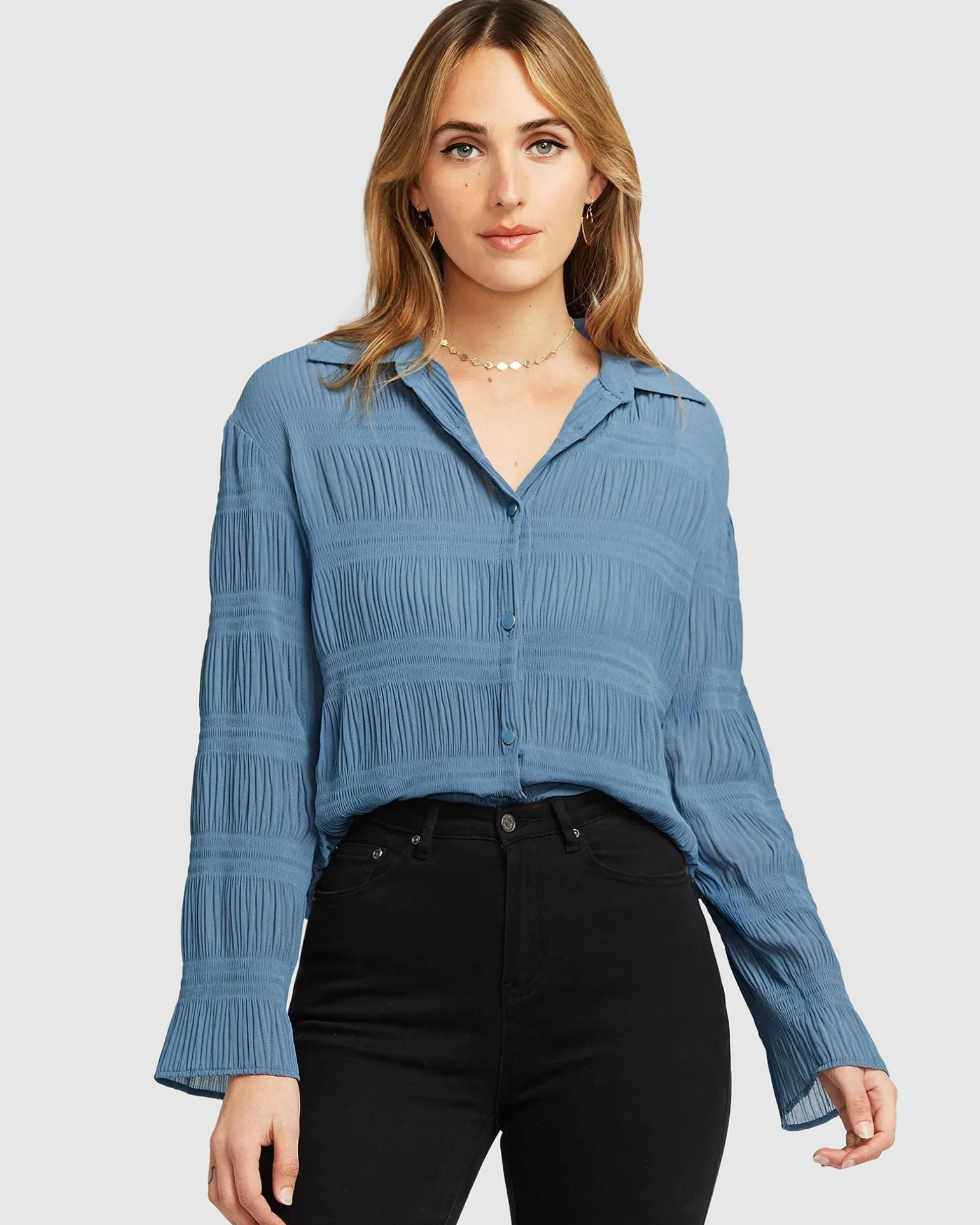 Belle & Bloom Shirts & Blouses>Yoko Shirred Chiffon Blouse - Dusty Blue FINAL SALE