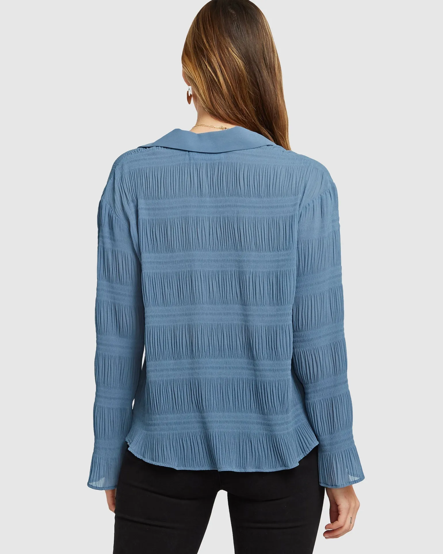 Belle & Bloom Shirts & Blouses>Yoko Shirred Chiffon Blouse - Dusty Blue FINAL SALE