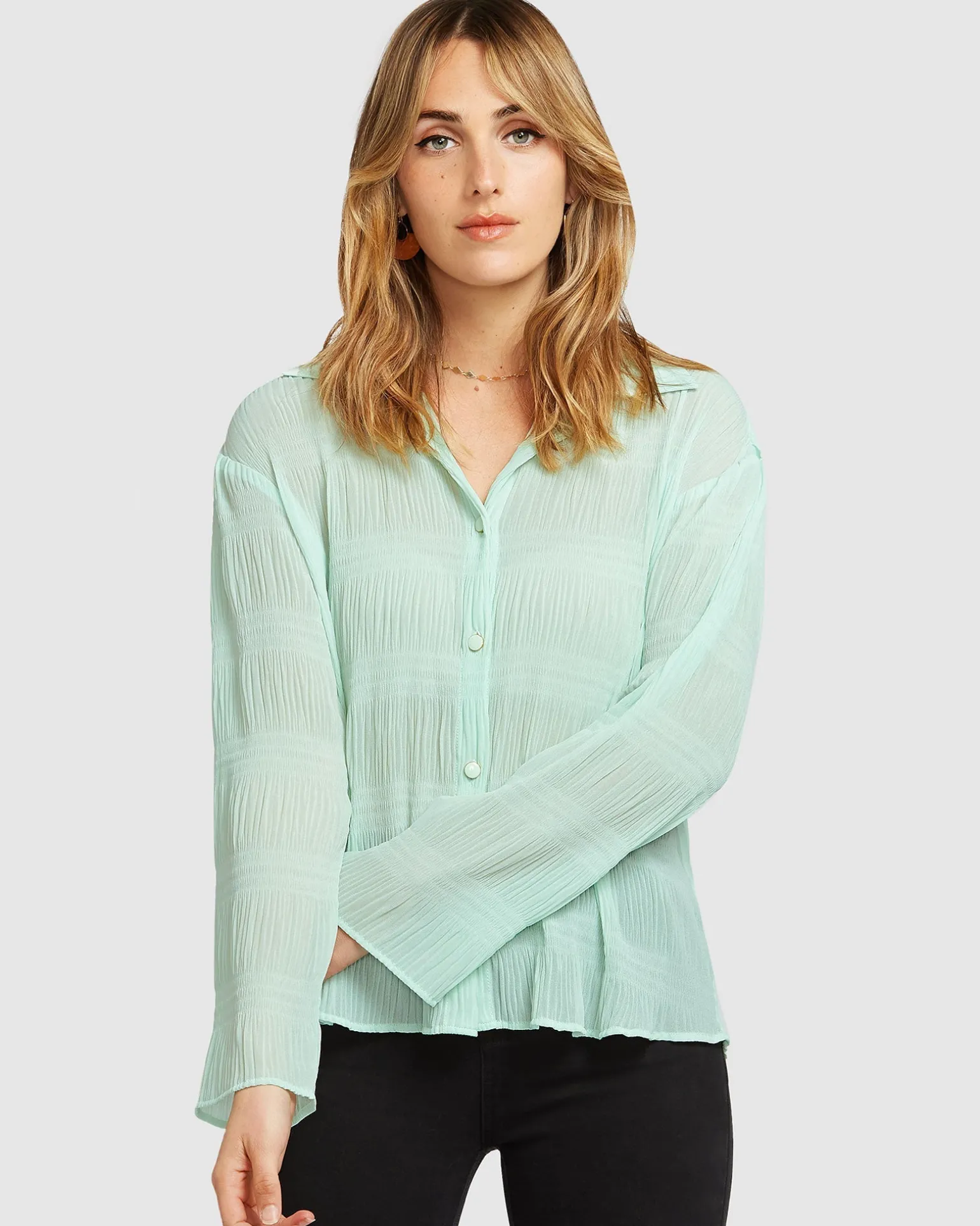 Belle & Bloom Shirts & Blouses>Yoko Shirred Chiffon Blouse - Mint FINAL SALE