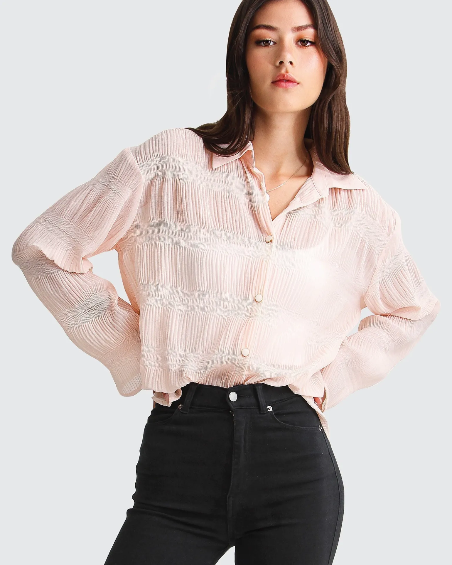Belle & Bloom Shirts & Blouses>Yoko Shirred Chiffon Blouse -