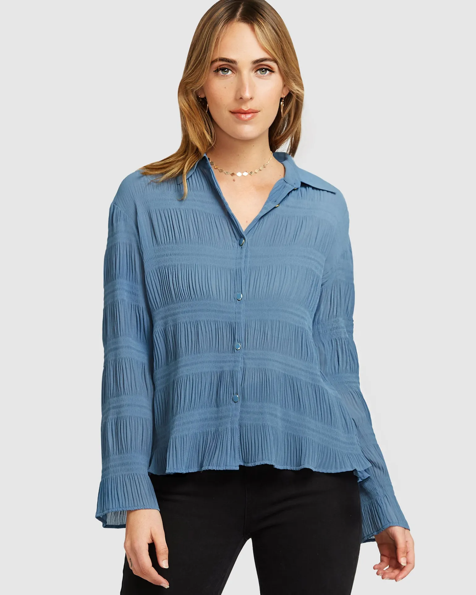 Belle & Bloom Shirts & Blouses>Yoko Shirred Chiffon Blouse - Dusty Blue FINAL SALE
