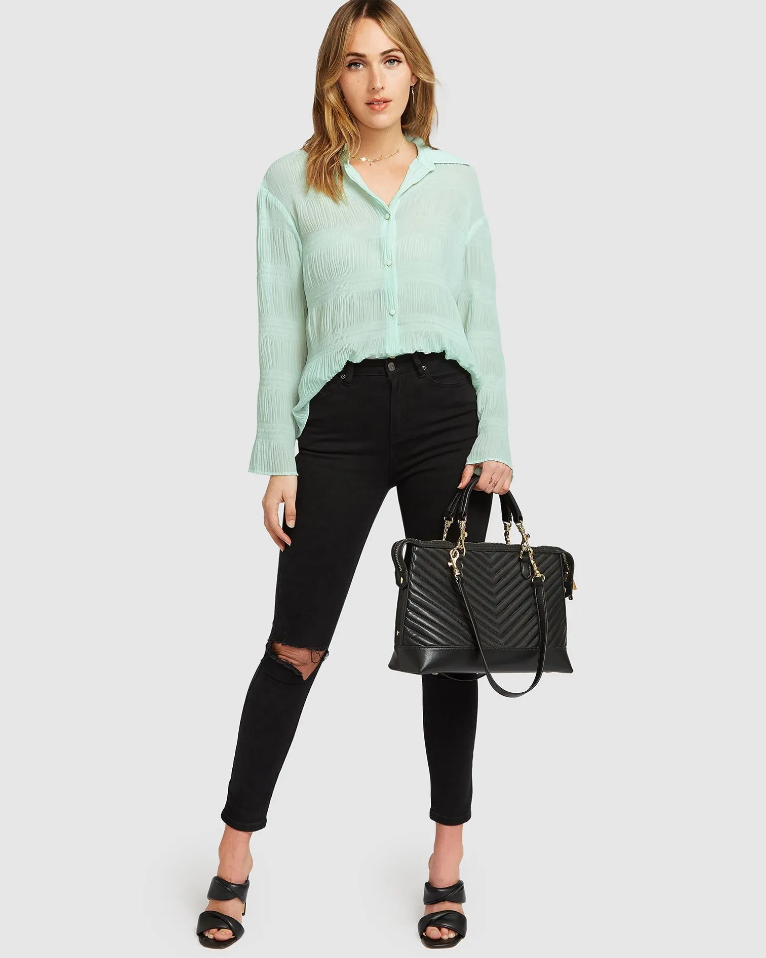 Belle & Bloom Shirts & Blouses>Yoko Shirred Chiffon Blouse - Mint FINAL SALE