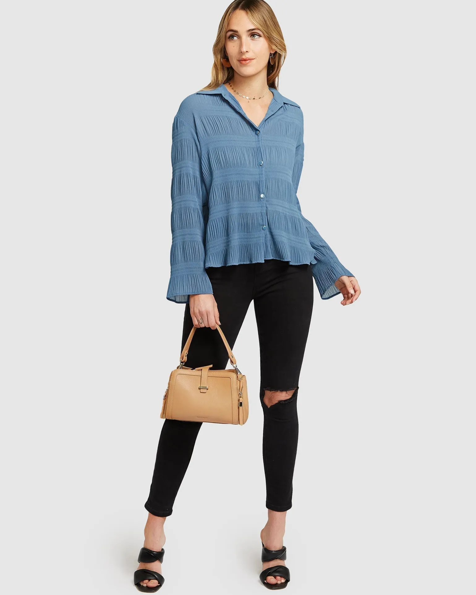 Belle & Bloom Shirts & Blouses>Yoko Shirred Chiffon Blouse - Dusty Blue FINAL SALE
