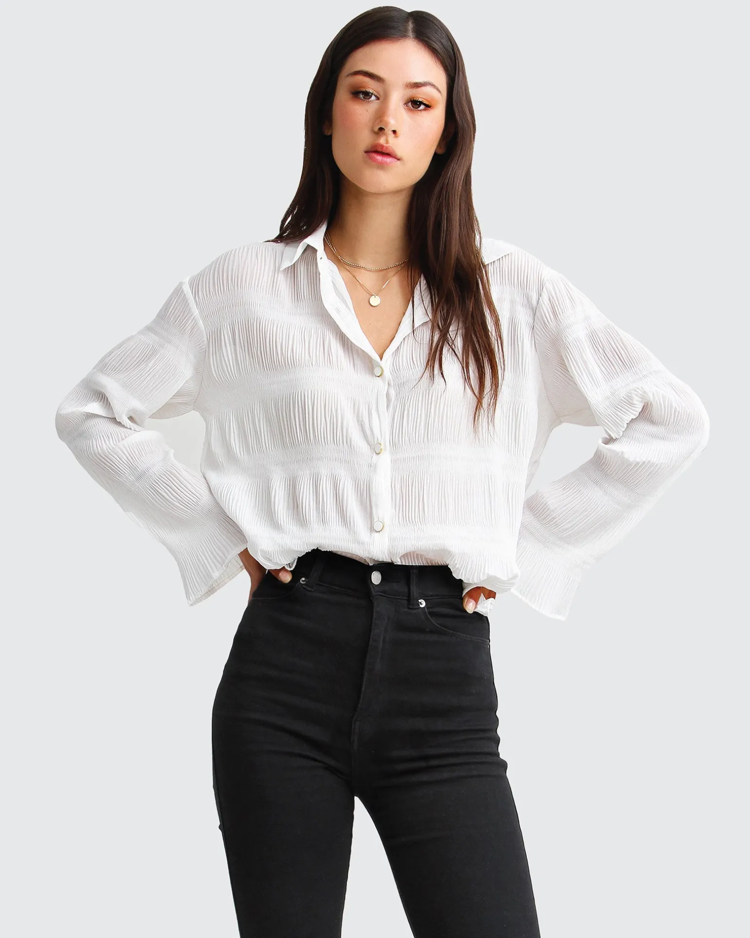 Belle & Bloom Shirts & Blouses>Yoko Shirred Chiffon Blouse -