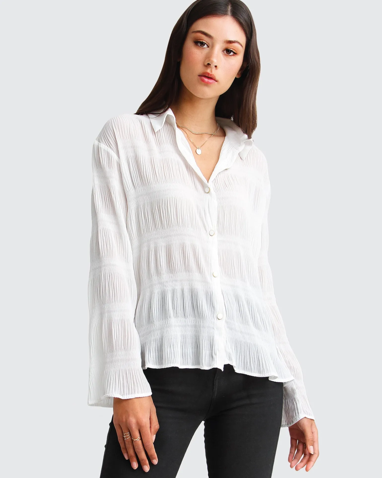 Belle & Bloom Shirts & Blouses>Yoko Shirred Chiffon Blouse -